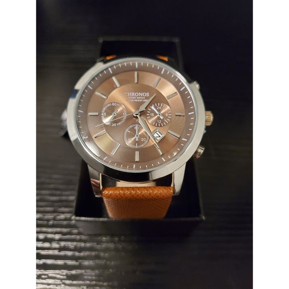 🔥 NEW IN BOX Chronos Men's Leather Strap Calendar Business Watch (brown) - Picture 2 of 5